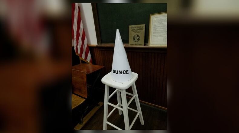 The Liberty Twp. Historical Society will open the doors to the old Hughes one-room schoolhouse for an open house May 4 in conjunction with the annual Garden Club plant sale. This “dunce hat” is perfect for selfies according to Historical Society President Paul Stumpf.