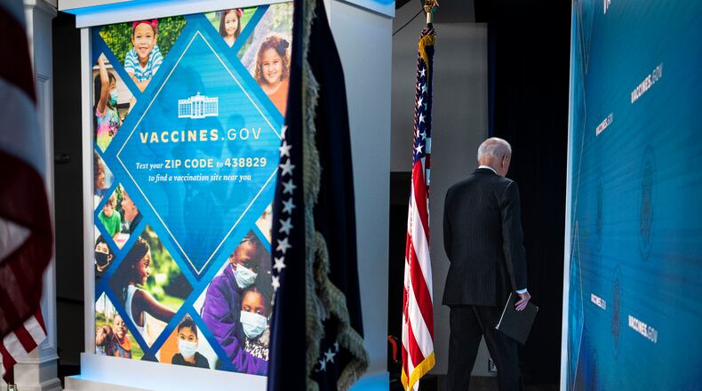 President Joe Biden leaves the podium after speaking about the COVID-19 vaccine for children aged five to 11 at the White House in Washington, Nov. 3, 2021. A federal appeals panel in Louisiana has temporarily blocked the Biden administration’s new safety regulations directing businesses with more than 100 workers to require their employees to get vaccinations against the coronavirus by early January. (Doug Mills/The New York Times)