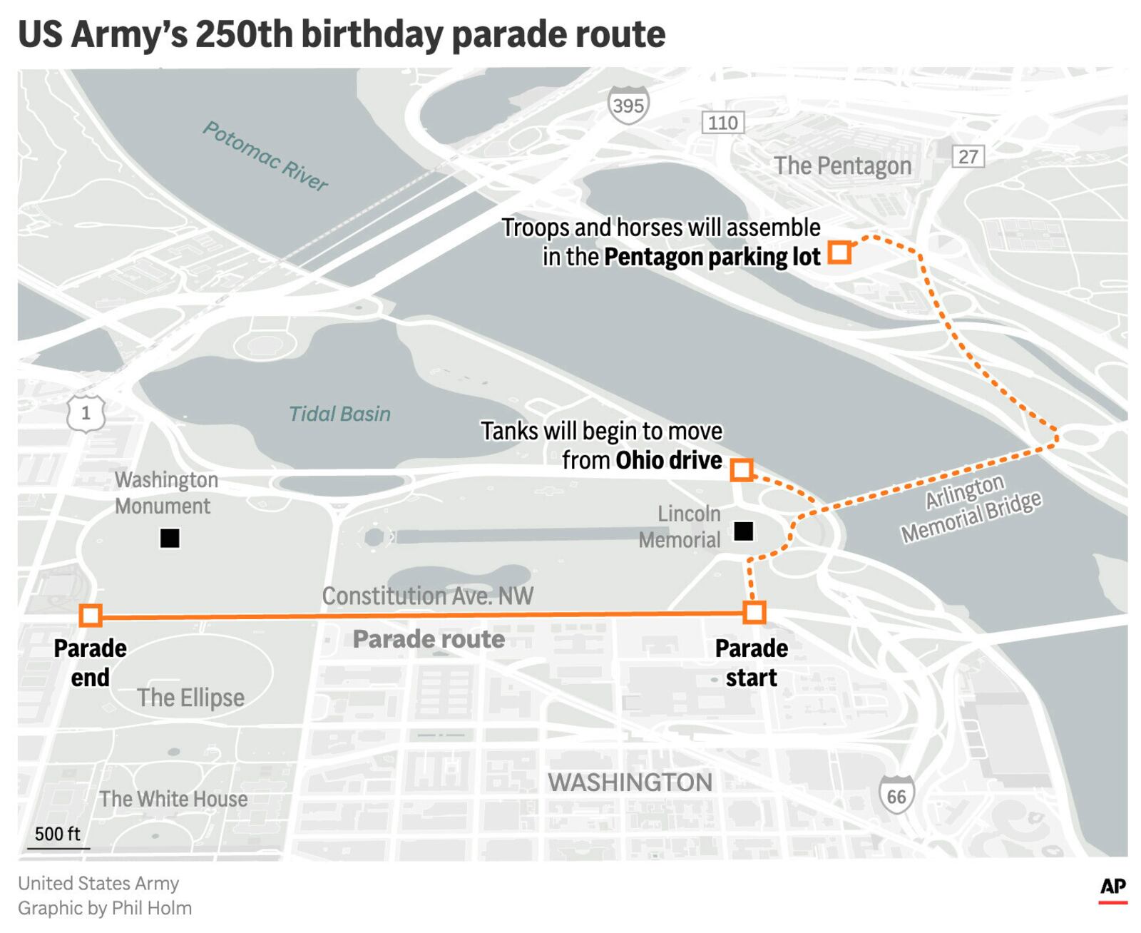 The map above the route for the U.S. Army's 250 birthday parade. (AP Graphic)