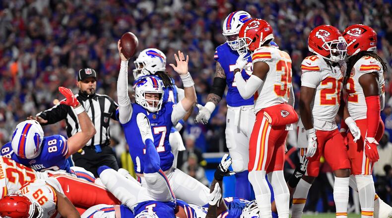 Buffalo Bills quarterback Josh Allen (17) celebrates after scoring during the second half of an NFL football game against the Kansas City Chiefs Sunday, Nov. 2, 2025, in Orchard Park. N.Y. (AP Photo/Adrian Kraus)