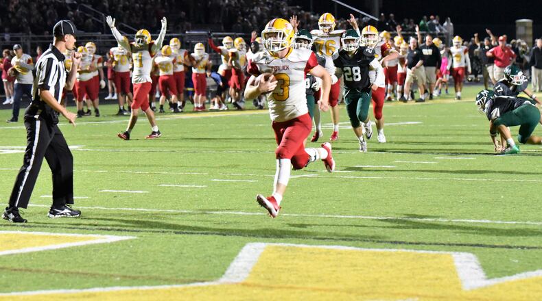 Fenwick’s Jack Fessler heads into the end zone for one of his five touchdowns Friday night in a 57-26 triumph over McNicholas at Penn Station Stadium in Cincinnati. CONTRIBUTED PHOTO BY ANGIE MOHRHAUS
