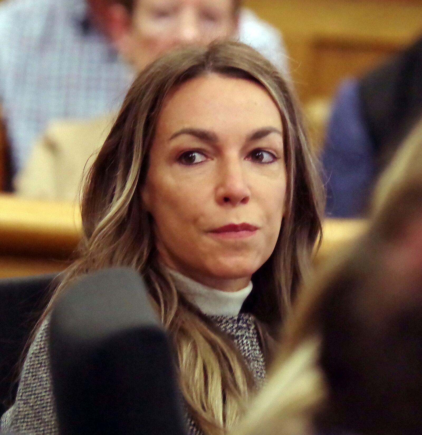 Karen Read listens during her trial at Norfolk Superior Court in Dedham, Mass., Friday, May 2, 2025. (Mark Jarret Chavous/The Enterprise via AP, Pool)