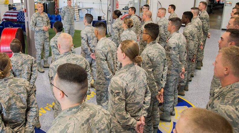 FILE: Maj. Gen. Bradley D. Spacy, Air Force Installation and Mission Support Center commander, speaks with Airmen of the Wright-Patterson Air Force Base Honor Guard in their training facility during a visit to the installation July 12, 2018. (U.S. Air Force photo/John Harrington)