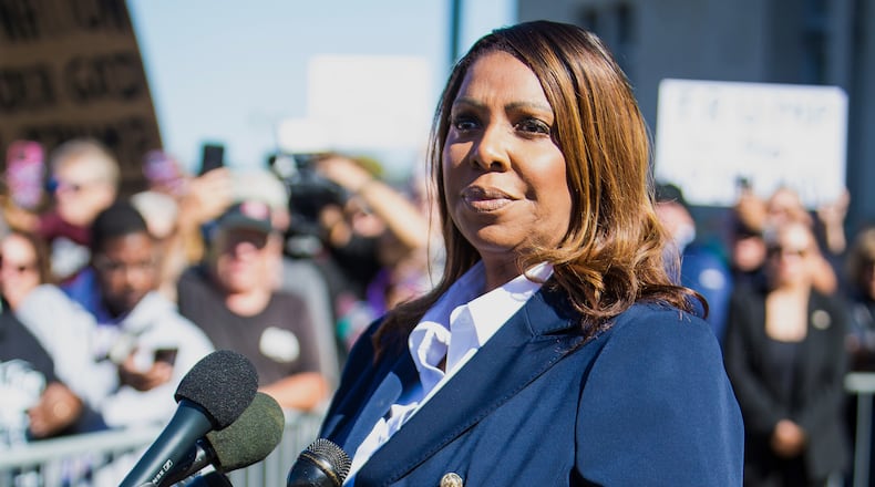 New York Attorney General, Letitia James, speaks after pleading not guilty outside the United States District Court on Friday, Oct. 24, 2025, in Norfolk, Va. (AP Photo/John Clark)