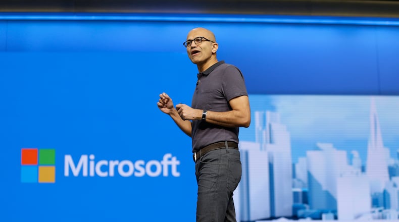FILE - In this Wednesday, March 30, 2016, file photo, Microsoft CEO Satya Nadella delivers the keynote address at the Microsoft Build Conference, in San Francisco. On Thursday, Oct. 20, 2016, Microsoft reports financial results. (AP Photo/Eric Risberg, File)