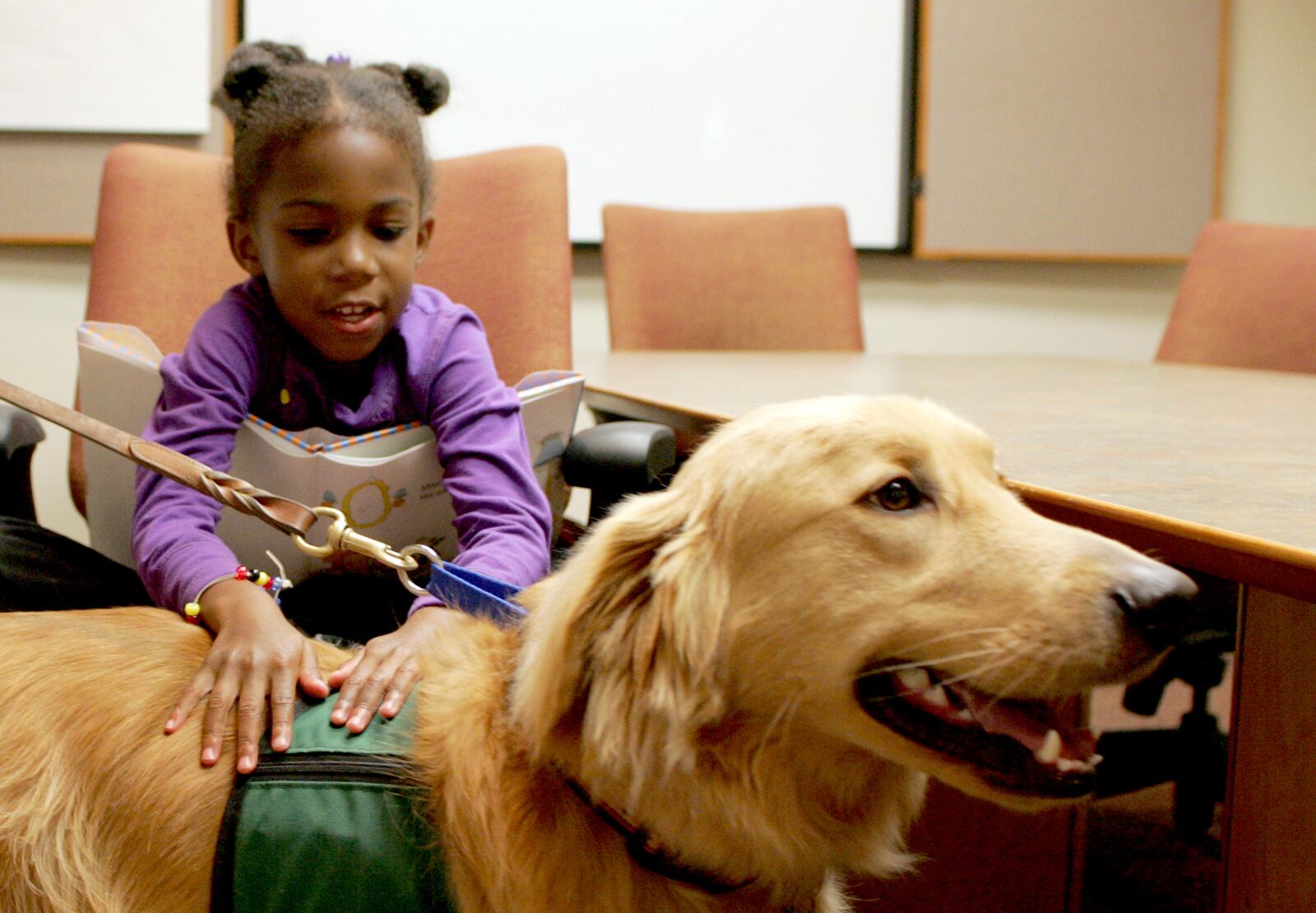 Ariee' Bess, 5, of Colerain Twp., pets Hitch, the registered therapy dog of Rebecca Townsend, at the Fairfield Lane Library Thursday, September 10, 2009. CONTRIBUTED BY E.L. HUBBARD