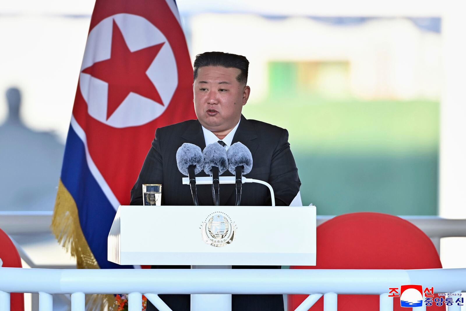 FILE - In this photo provided by the North Korean government, its leader Kim Jong Un speaks during a launching ceremony of a new naval destroyer at a western port in Nampo, North Korea, on April 25, 2025. Independent journalists were not given access to cover the event depicted in this image distributed by the North Korean government. The content of this image is as provided and cannot be independently verified. Korean language watermark on image as provided by source reads: "KCNA" which is the abbreviation for Korean Central News Agency. (Korean Central News Agency/Korea News Service via AP, File)