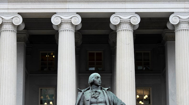 FILE - The Treasury Department building is seen, March 13, 2025, in Washington. (AP Photo/Alex Brandon, File)
