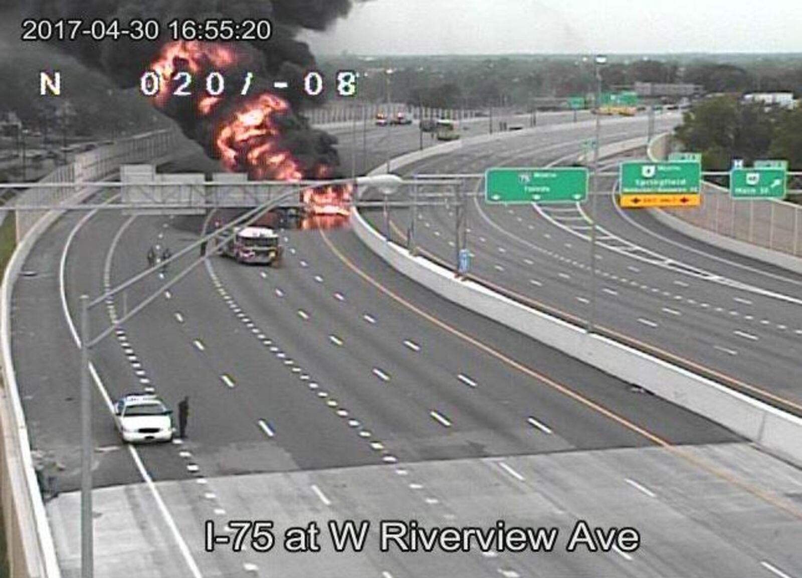 An ODOT traffic camera captured this scene Sunday when a wrong-way driver struck a tanker filled with gasoline on Interstate 75 in Dayton.