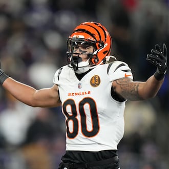Cincinnati Bengals wide receiver Andrei Iosivas reacts after scoring a touchdown during the second half of an NFL football game against the Baltimore Ravens, Thursday, Nov. 27, 2025, in Baltimore. (AP Photo/Stephanie Scarbrough)