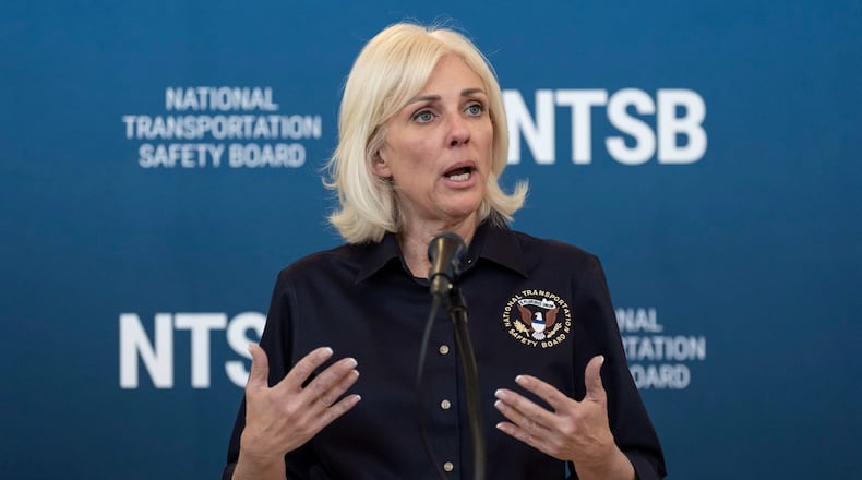 Jennifer Homendy, the NTSB chair, speaks during a press conference, Tuesday, March 24, 2026, at LaGuardia Airport in New York. (AP Photo/Yuki Iwamura)