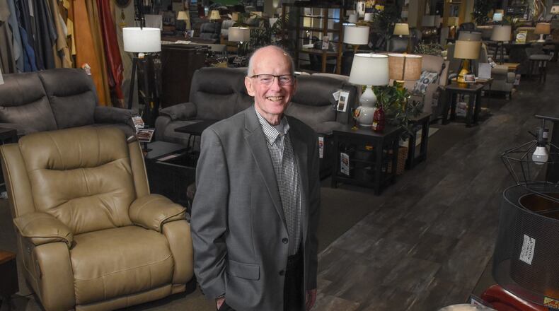 Riley Griiffiths, longtime owner of Riley’s Furniture in Monroe, is celebrating his 75th birthday Sunday by holding a open house for family and friends. He was diagnosed with pancreatic cancer in October 2018. RICK McCRABB/STAFF