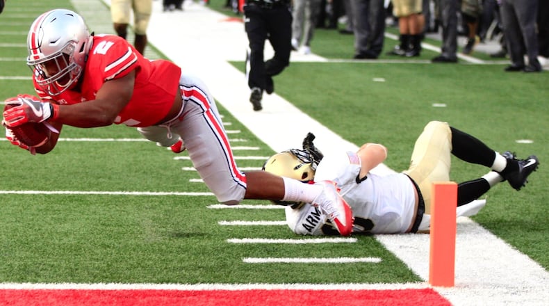 Ohio State’s J.K. Dobbins runs for a touchdown on Saturday, Sept. 16, 2017, at Ohio Stadium in Columbus. David Jablonski/Staff