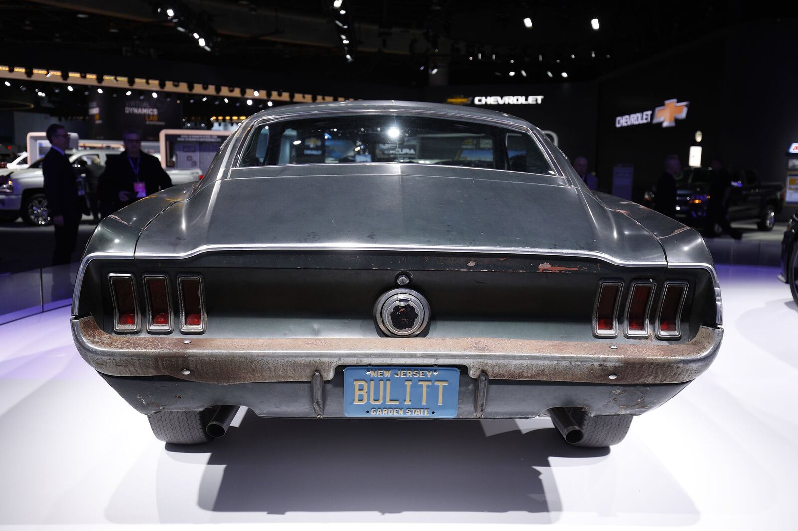 The original 1968 Ford Mustang Bullitt movie car is shown on display at the Ford exhibit at the 2018 North American International Auto Show Jan. 15 in Detroit, Michigan. (Photo by Bill Pugliano/Getty Images)