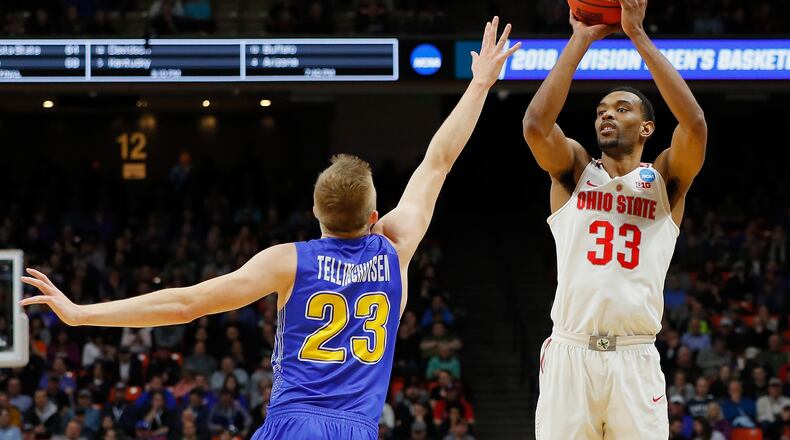 BOISE, ID - MARCH 15:  Keita Bates-Diop #33 of the Ohio State Buckeyes shoots the ball against Reed Tellinghuisen #23 of the South Dakota State Jackrabbits in the first half during the first round of the 2018 NCAA Men's Basketball Tournament at Taco Bell Arena on March 15, 2018 in Boise, Idaho.  (Photo by Kevin C. Cox/Getty Images)
