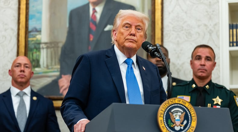 FILE — President Donald Trump speaks during an event in the Oval Office of the White House in Washington, May 19, 2025. President Trump recently held a dial-in telephone rally for Jack Ciattarelli, a Republican former assemblyman who is running for New Jersey governor. (Eric Lee/The New York Times)