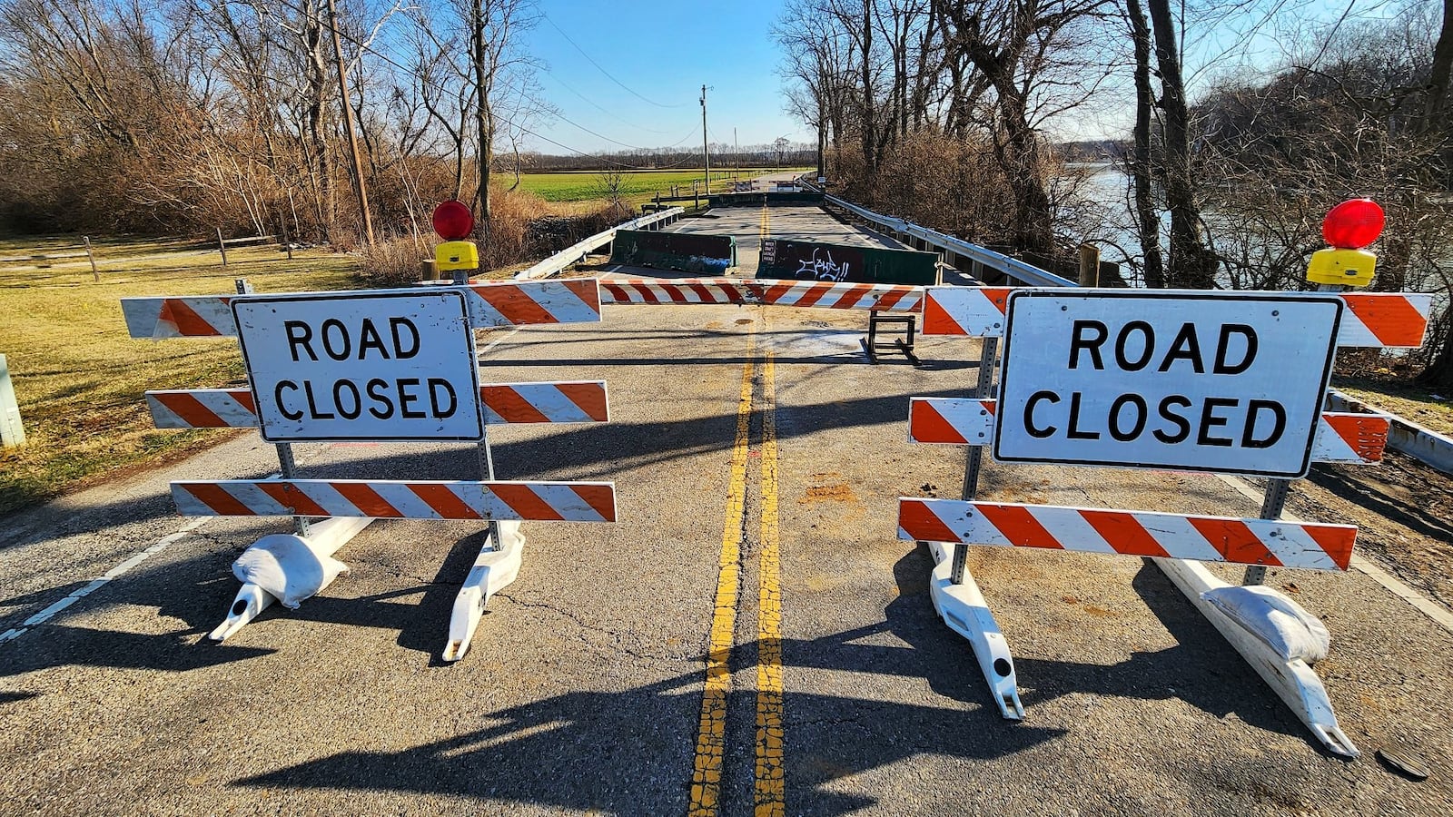 Franklin Trenton Road is closed after a section of bridge collapsed Feb. 27, 2025, into Dry Run Creek between Hobart Avenue and Water Source Drive in Franklin Twp. NICK GRAHAM/STAFF