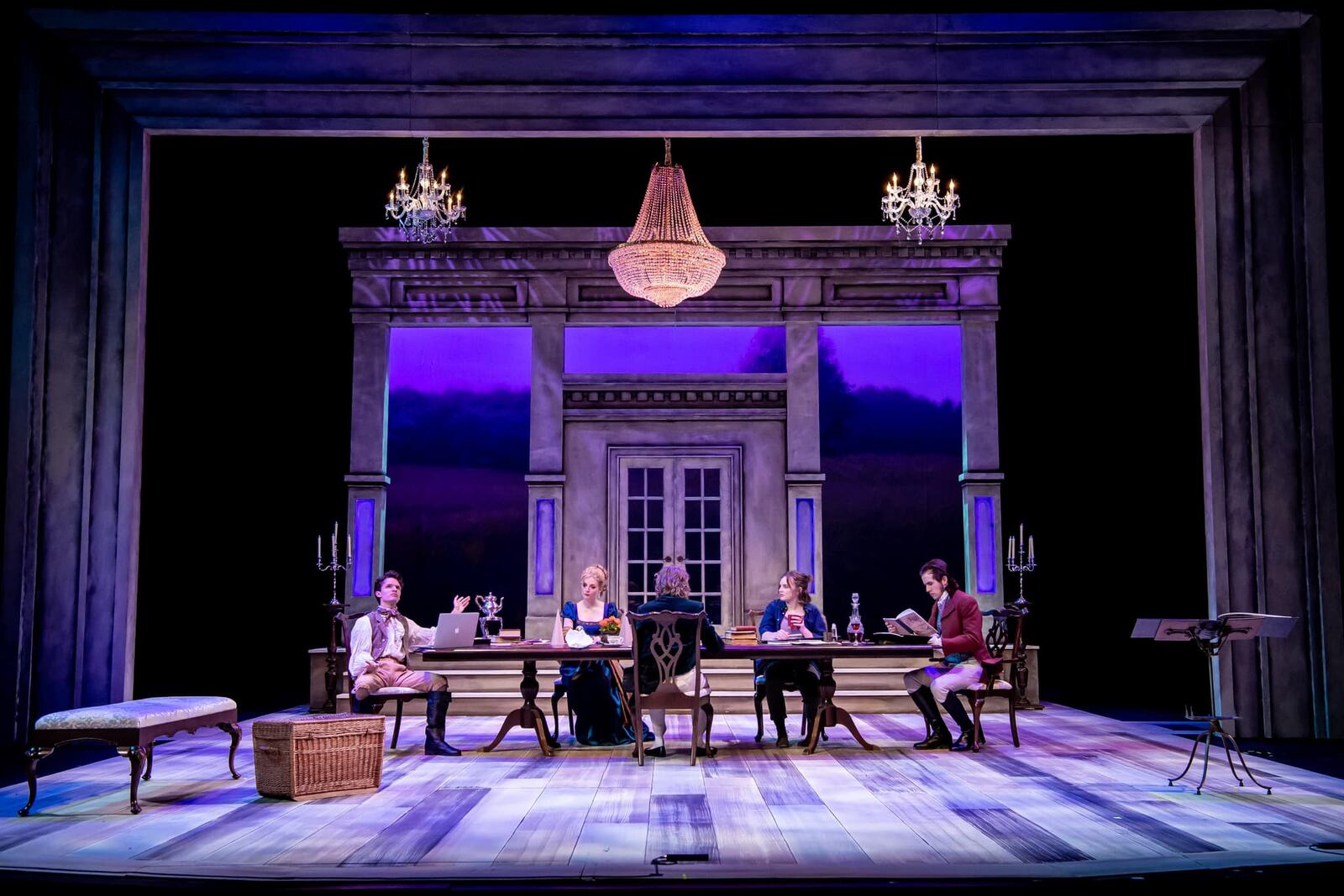 Left to right: Desmond Kingston (Valentine Coverly), Lily Rowan (Chloe Coverly), Dominic Cullen (Gus Coverly/Augustus Coverly), Dani Grace Nissen (Hannah Jarvis) and Kyle Channell (Septimus Hodge) in Wright State University's production of "Arcadia." PHOTO BY WRIGHT STATE THEATRE