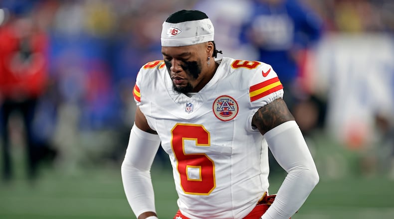 FILE - Kansas City Chiefs safety Bryan Cook (6) reacts before an NFL football game against the New York Giants, Sunday, Sept. 21, 2025, in East Rutherford, N.J. (AP Photo/Adam Hunger,File)