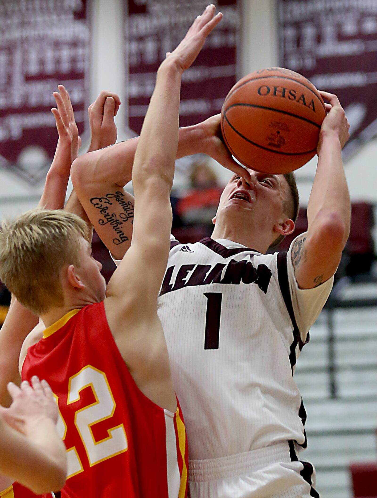 Fenwick forward C.J. Napier blocks the shot of Lebabon forward Dakota Allen during their game at Lebanon on Saturday night. CONTRIBUTED PHOTO BY E.L. HUBBARD