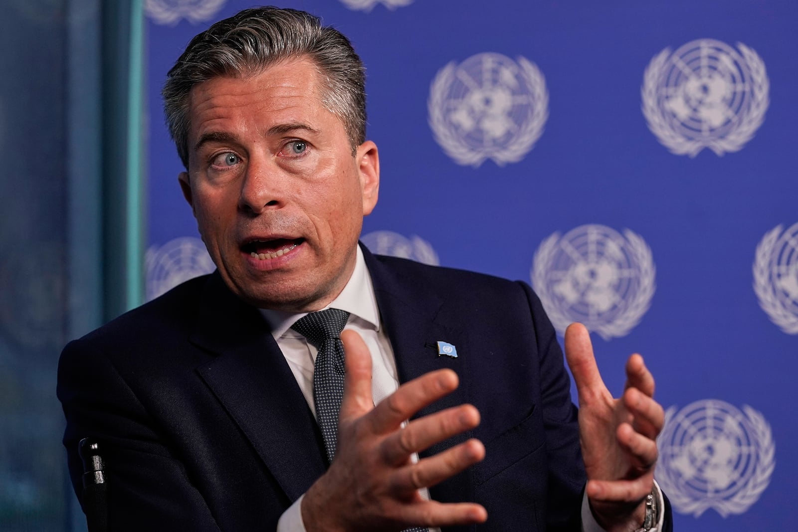 U.N. humanitarian chief Tom Fletcher responds to questions during an interview with The Associated Press at United Nations headquarters, Wednesday, May 14, 2025. (AP Photo/Richard Drew)
