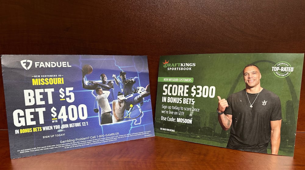 Promotional fliers advertising sports betting are seen Friday, Nov. 21, 2025, in Jefferson City, Mo. (AP Photo/David A. Lieb)