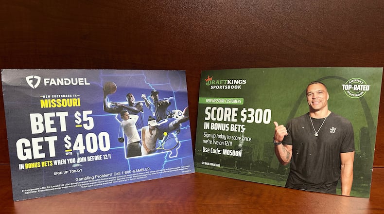 Promotional fliers advertising sports betting are seen Friday, Nov. 21, 2025, in Jefferson City, Mo. (AP Photo/David A. Lieb)
