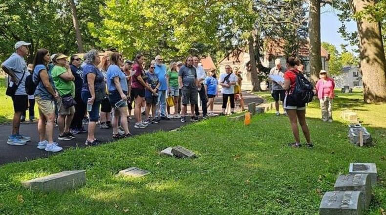 The Montgomery County Genealogical Society hosts regular cemetery tours for amateur genealogists. Here, a group is seen at Woodland Cemetery. CONTRIBUTED PHOTO: Montgomery County OGS