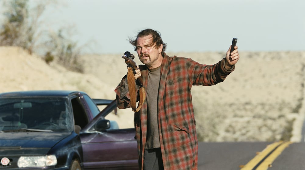 This image released by Warner Bros. Pictures shows Leonardo DiCaprio in a scene from "One Battle After Another." (Warner Bros. Pictures via AP)