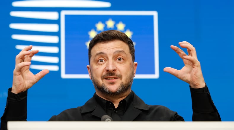 Ukraine's President Volodymyr Zelenskyy speaks during a media conference at the EU Summit in Brussels, Thursday, Dec. 18, 2025. (AP Photo/Geert Vanden Wijngaert)
