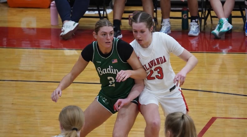 Badin’s Braelyn Even boxes out Talawanda’s Janna Cary during a free-throw attempt on Monday night at Talawanda. CHRIS VOGT / CONTRIBUTED