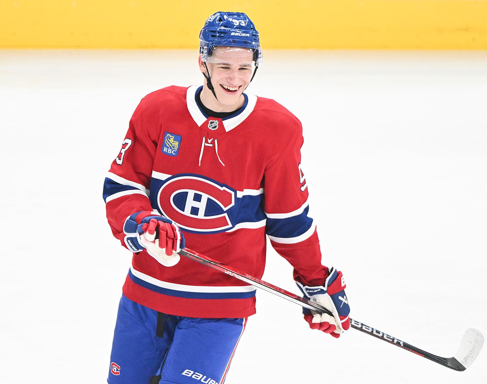 Montreal Canadiens' Ivan Demidov smiles as he skates prior to an NHL hockey game against the Chicago Blackhawks in Montreal, Monday, April 14, 2025. (Graham Hughes/The Canadian Press via AP)