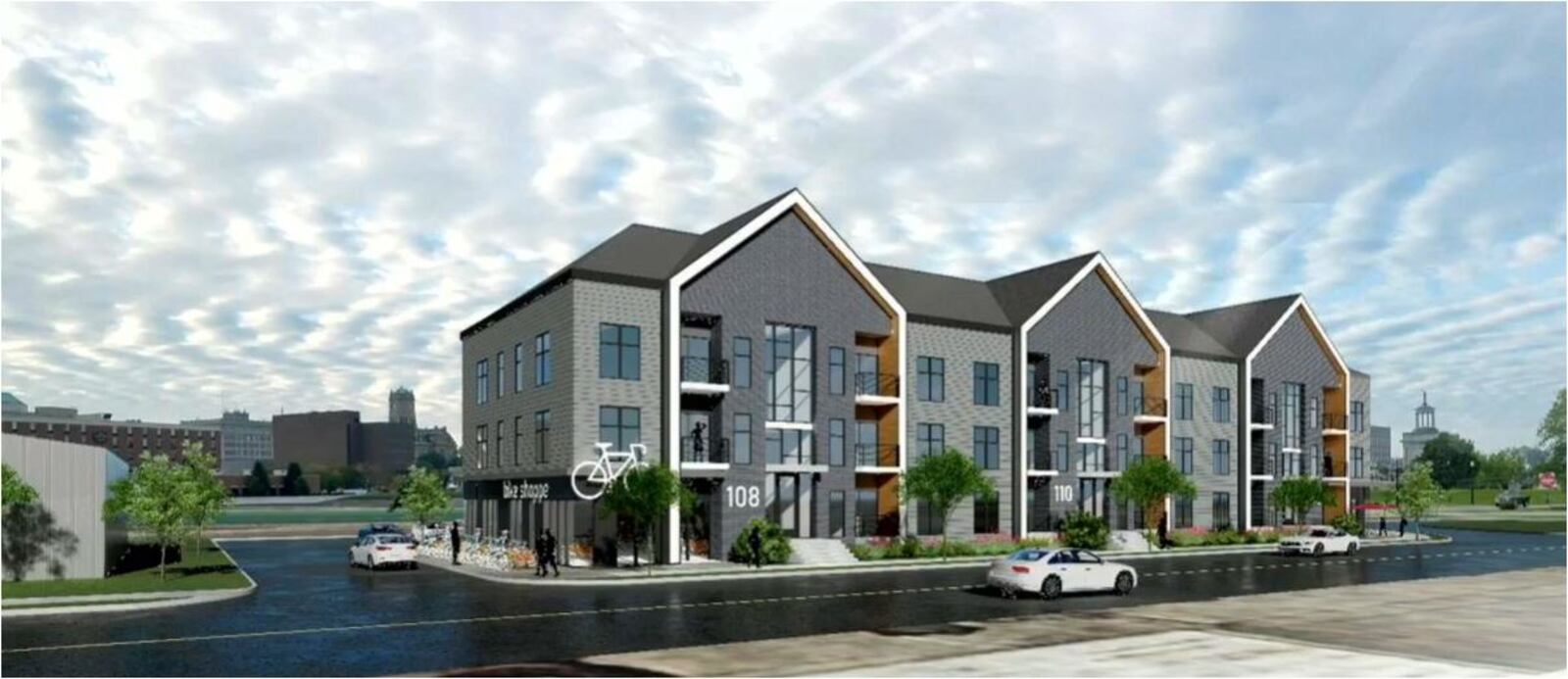 A 34-unit apartment complex just north of High and B streets is proposed, with two retail spaces. It will have commanding views of the High-Main bridge, Hamilton's downtown and the Great Miami River. PROVIDED