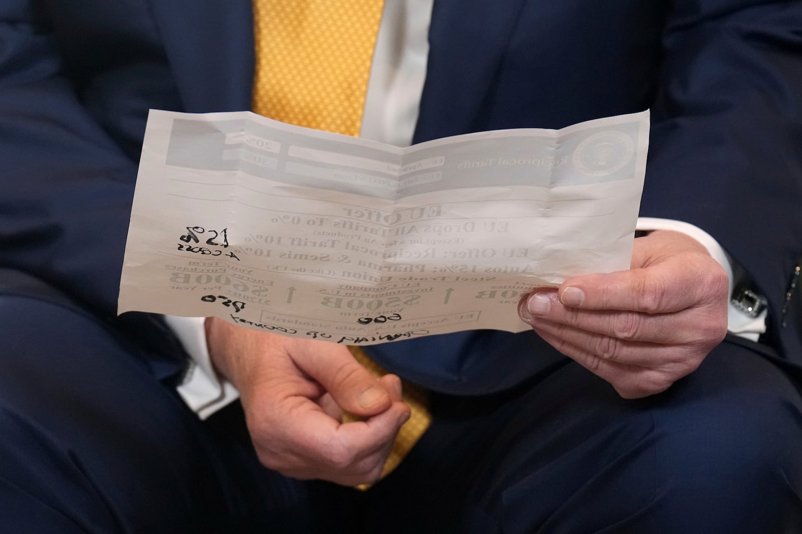 President Donald Trump holds a paper after reaching a trade deal with European Commission President Ursula von der Leyen at the Trump Turnberry golf course in Turnberry, Scotland Sunday, July 27, 2025. (AP Photo/Jacquelyn Martin)