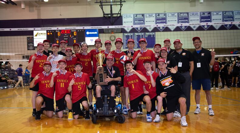 Fenwick High School won its second state volleyball title this year. Pete Ehrlich, who was diagnosed with ALS two years ago, coached the Falcons to their first title since 2013. He died this morning, the school announced. PHOTO BY JTH PHOTOGRAPHY