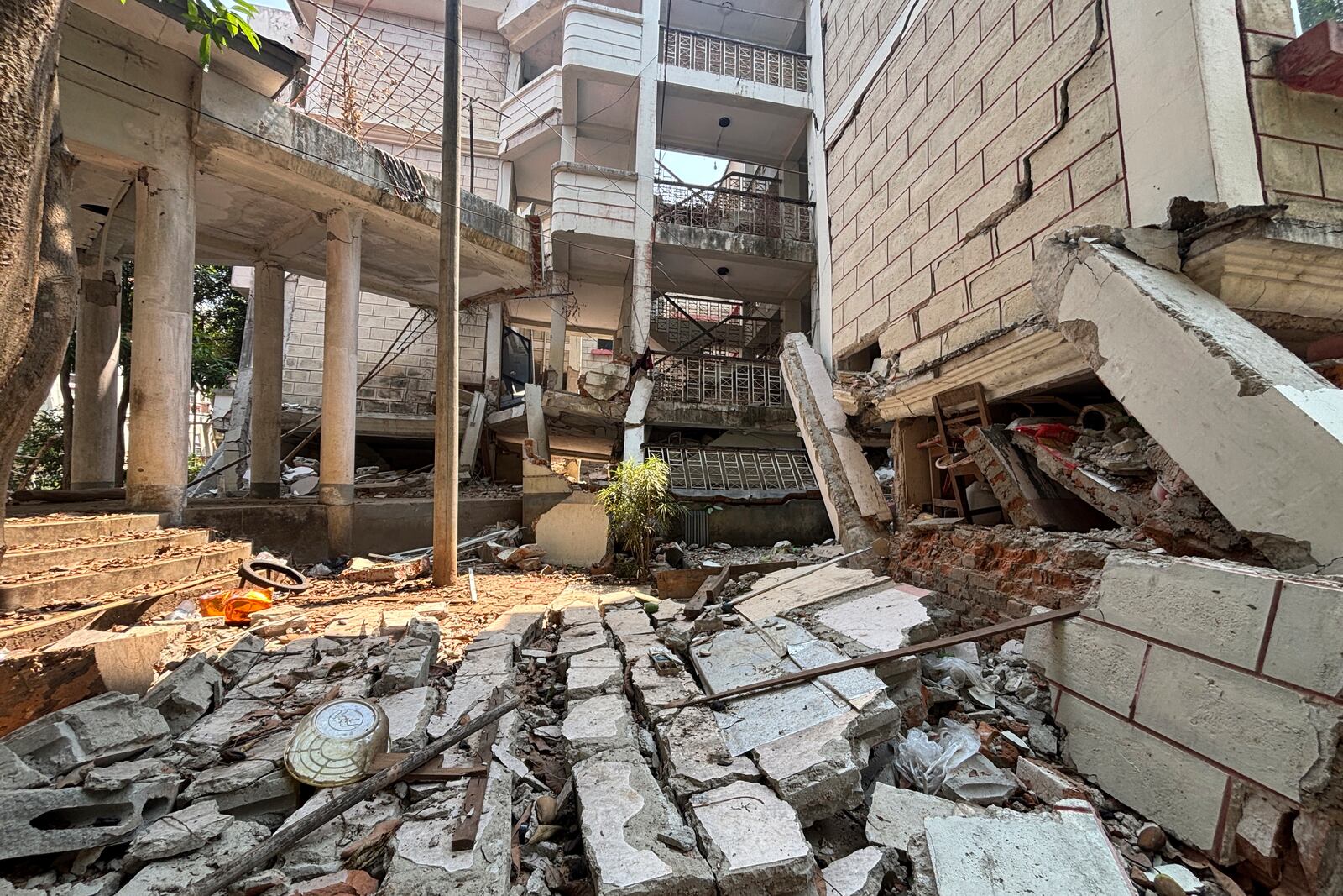 A damaged building is seen in Naypyitaw, Myanmar, Monday, April 28, 2025, one month after the earthquake. (AP Photo/Aung Shine Oo)