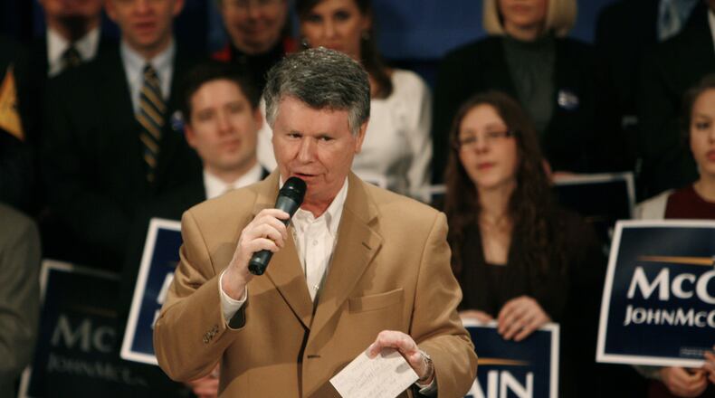 Local radio talk show host Bill Cunningham speaks to Sen. John McCain supporters before the Republican presidential hopeful’s arrival at a campaign event at Memorial Hall Tuesday, Feb 26, 2008, in Cincinnati. (AP Photo/David Kohl)