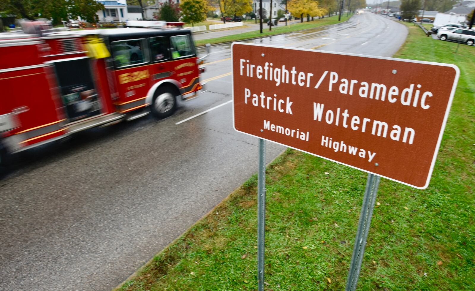 The new “Firefighter and Paramedic Patrick Wolterman Memorial Highway” sign at the stretch of road from North Fair Avenue to High Street in Hamilton.