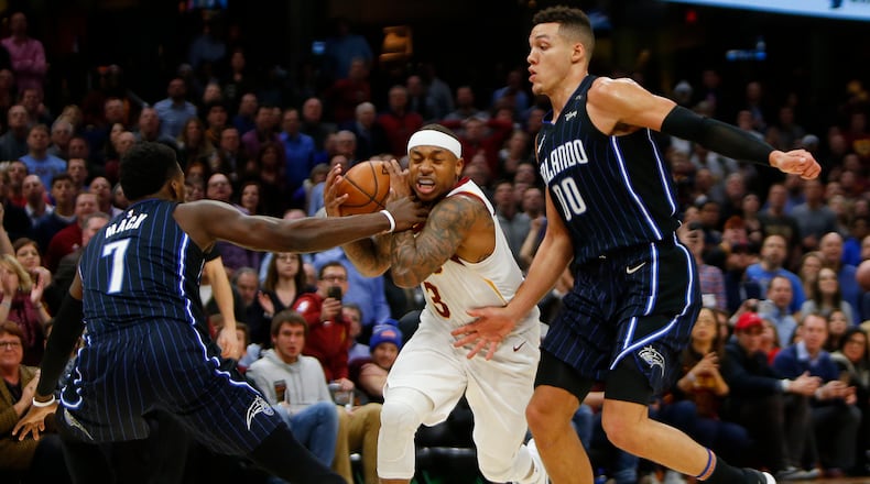 CLEVELAND, OH - JANUARY 18: Isaiah Thomas #3 of the Cleveland Cavaliers is fouled late in the game by Shelvin Mack #7 of the Orlando Magic at Quicken Loans Arena on January 18, 2018 in Cleveland, Ohio. (Photo by Justin K. Aller/Getty Images)