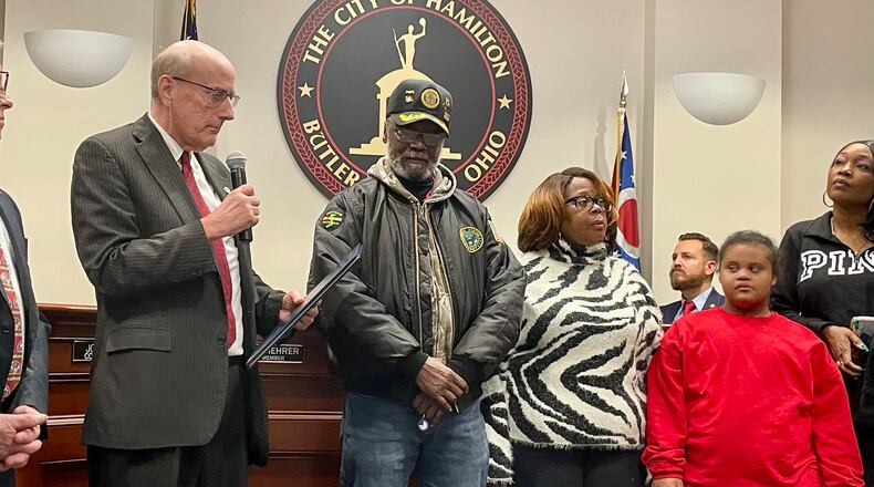 Butler County Veteran of the Year Fred Bailey was honored by Hamilton, Fairfield, and Middletown city councils on Wednesday, Dec. 14, 2022 in Hamilton City Council chambers. MICHAEL D. PITMAN/STAFF