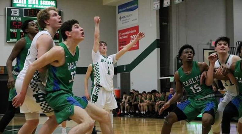 Badin’s Joseph Walsh (1) watches his foul shot during Friday night’s game against Chaminade Julienne at Mulcahey Gym in Hamilton. CJ won 58-54. CONTRIBUTED PHOTO BY TERRI ADAMS