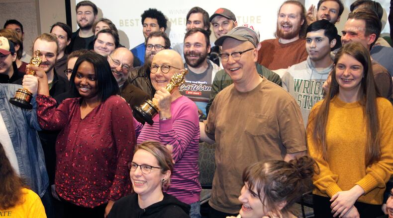 Julia Reichert and Steven Bognar, the Yellow Springs duo won an Oscar in the documentary feature category for “American Factory,” returned to Wright State University last week, meeting with Wright State theater students. The couple brought their Oscar statuettes for the students to pass around. LISA POWELL / STAFF