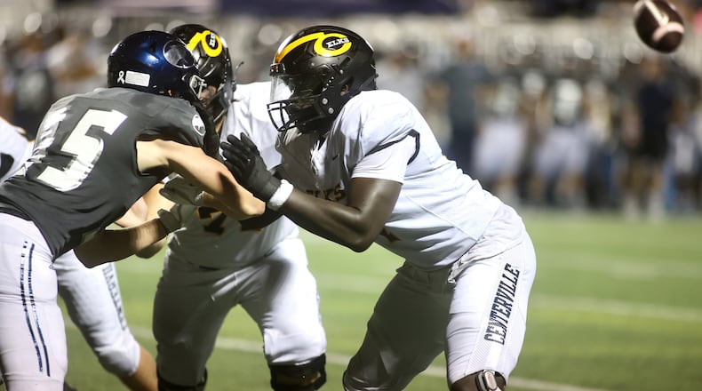 Centerville offensive lineman Kuol Kuol blocks on a play against Fairmont on Friday, Sept. 13, 2024, at Roush Stadium. David Jablonski/Staff