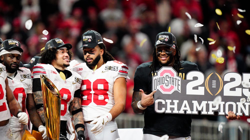 Ohio State celebrates after their win against Notre Dame in the College Football Playoff national championship game Monday, Jan. 20, 2025, in Atlanta. (AP Photo/Jacob Kupferman)