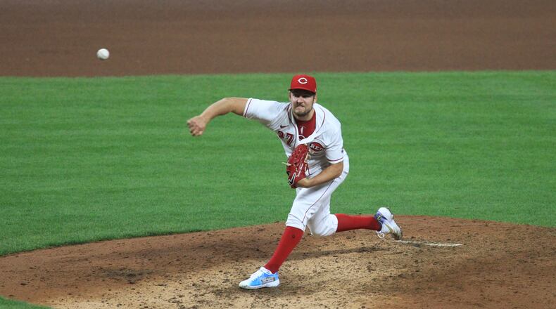 Reds starter Trevor Bauer pitches against the Brewers on Wednesday, Sept. 23, 2020, at Great American Ball Park in Cincinnati. David Jablonski/Staff