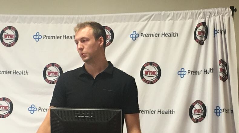 Franklin’s Luke Kennard announced the Luke Kennard Overnight Basketball Camp is returning for its second year Wednesday during a press conference at Atrium Medical Center. The camp is July 19-21 at Camp Chautauqua in Miamisburg. RICK McCRABB/STAFF