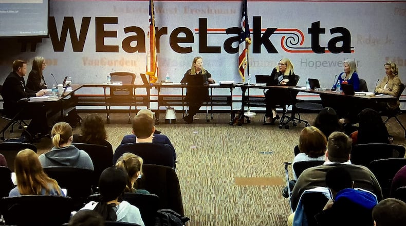 For the second consecutive Lakota Board of Education meeting the governing board saw a rift over Critical Race Theory (CRT) surrounding complaints by new board member Darbi Boddy (right). Boddy contends CRT is being taught in Lakota, which district officials - and some board members - have denied. Board member Isaac Adi participated in the meeting via a video link. (Photo By Michael D. Clark\Journal-News)