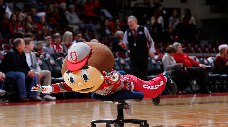 COLUMBUS, OH - DECEMBER 22: Ohio State Buckeyes mascot Brutus Buckeye rolls across the court before the game against the Miami Redhawks at Value City Arena on December 22, 2014 in Columbus, Ohio. (Photo by Joe Robbins/Getty Images)
