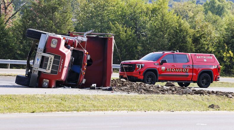 A dump truck overturned on the ramp from state Route 63 to northbound state Route 4 | NICK GRAHAM/STAFF