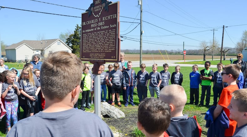 Internationally famous earthquake expert Charles Richter spent his youth in the tiny community of Overpeck near Butler County's city of Trenton. The inventor of the "Richter Scale" of measuring the power of earthquakes, Richter is honored each April - his birthday month - and local teachers use his work for classroom instruction. Pictured here are Edgewood School students in 2013 at an historical marker near the high school honoring him.